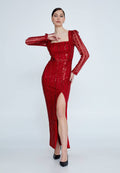 Long Sleeve Sequin Midi Dress - Red