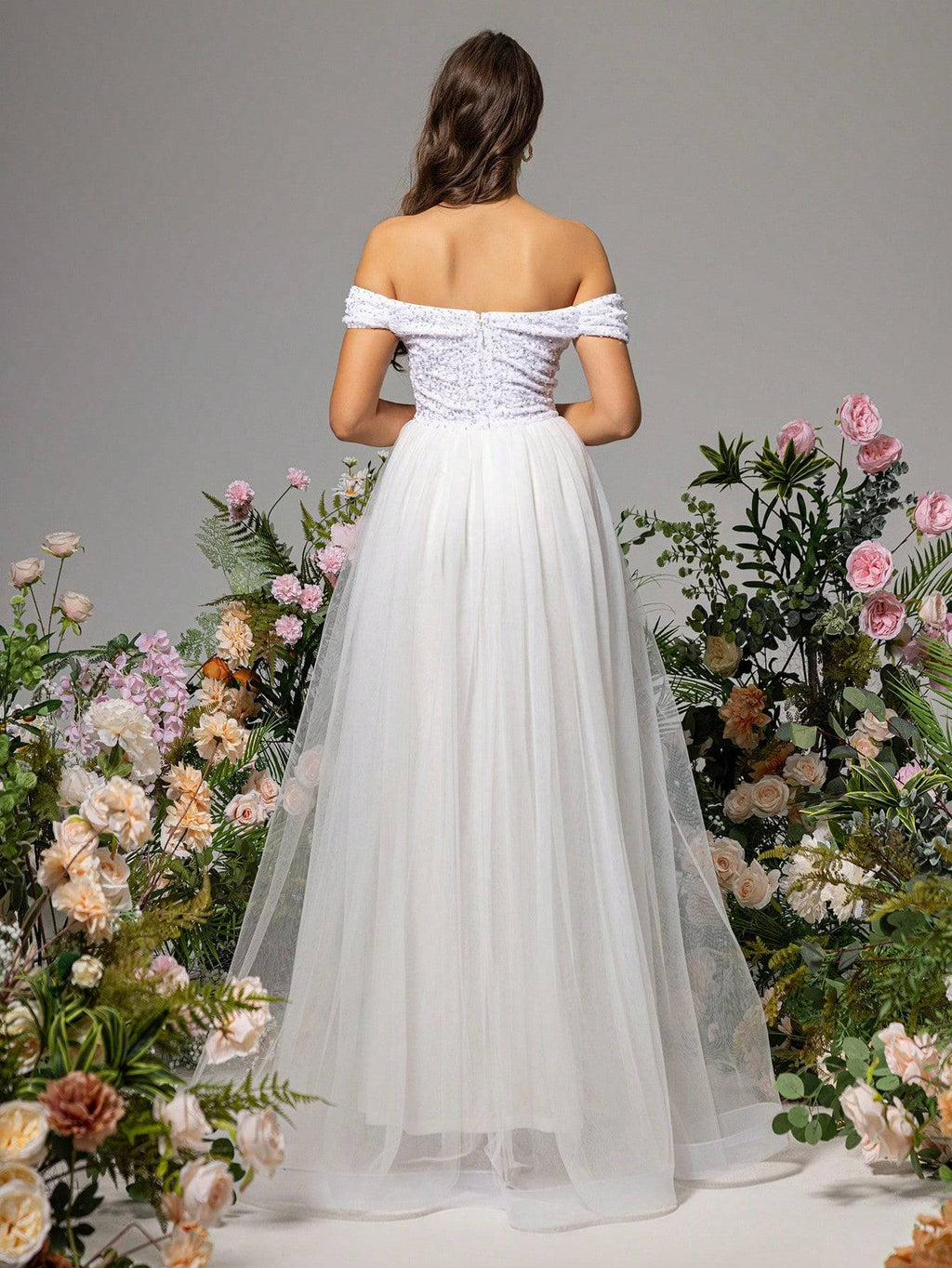 Off-Shoulder Velvet Sequin Maxi Dress with Chiffon Skirt - White