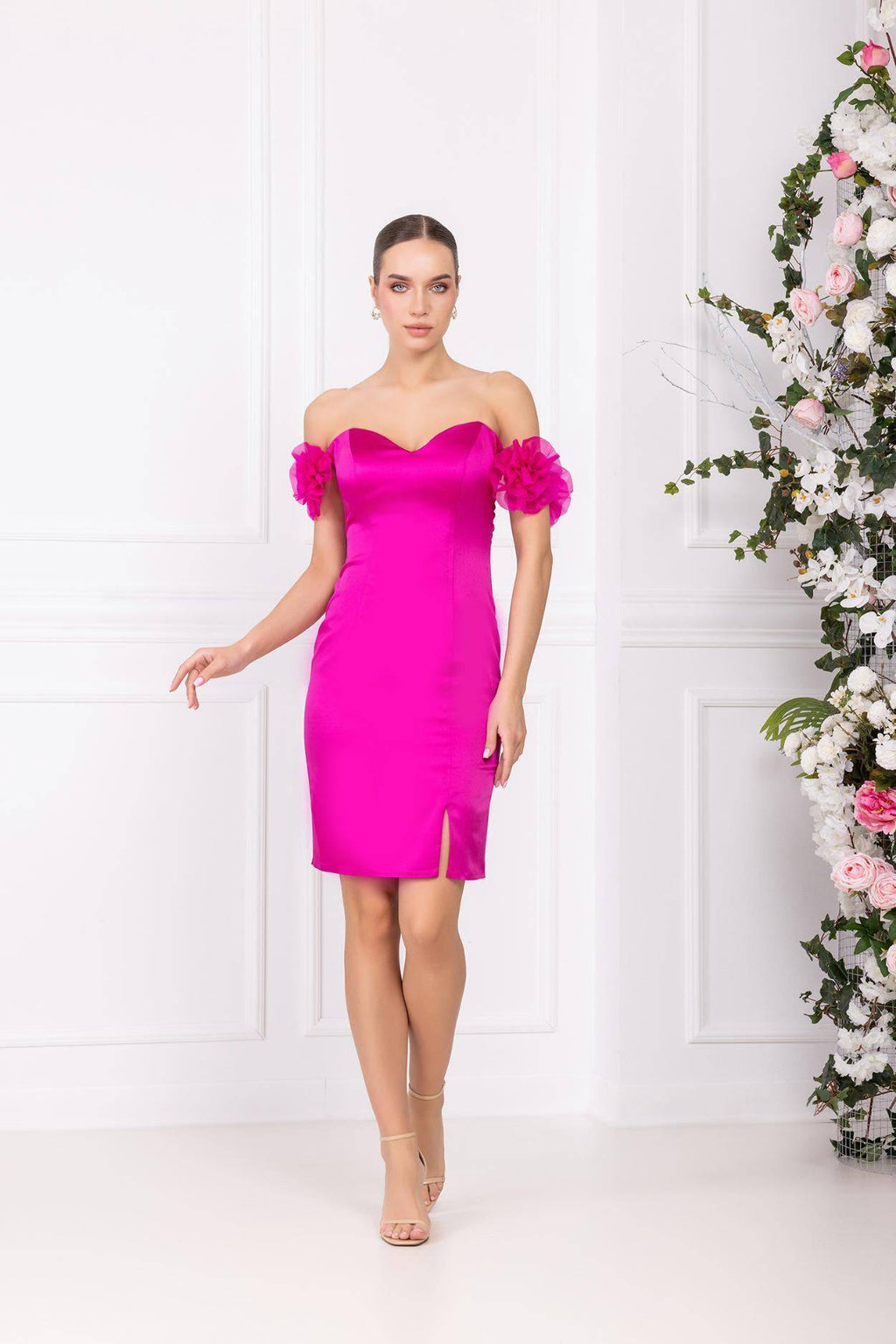 Off-shoulder Floral Satin Short Dress with a Slit - Fuchsia