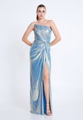 Metallic One-Shoulder Draped Gown with High Slit – Ice Blue